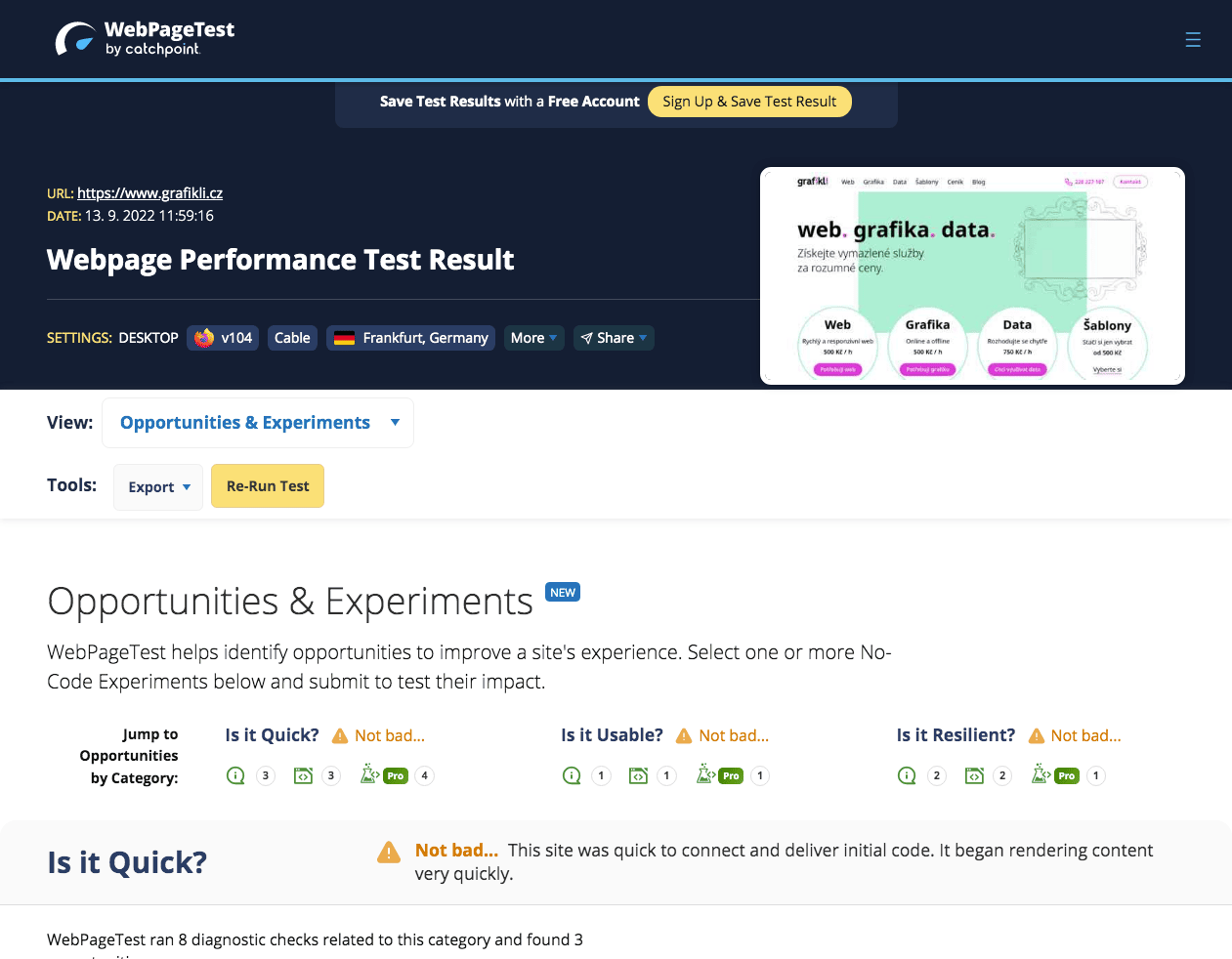 WebPageTest pro grafikli.cz